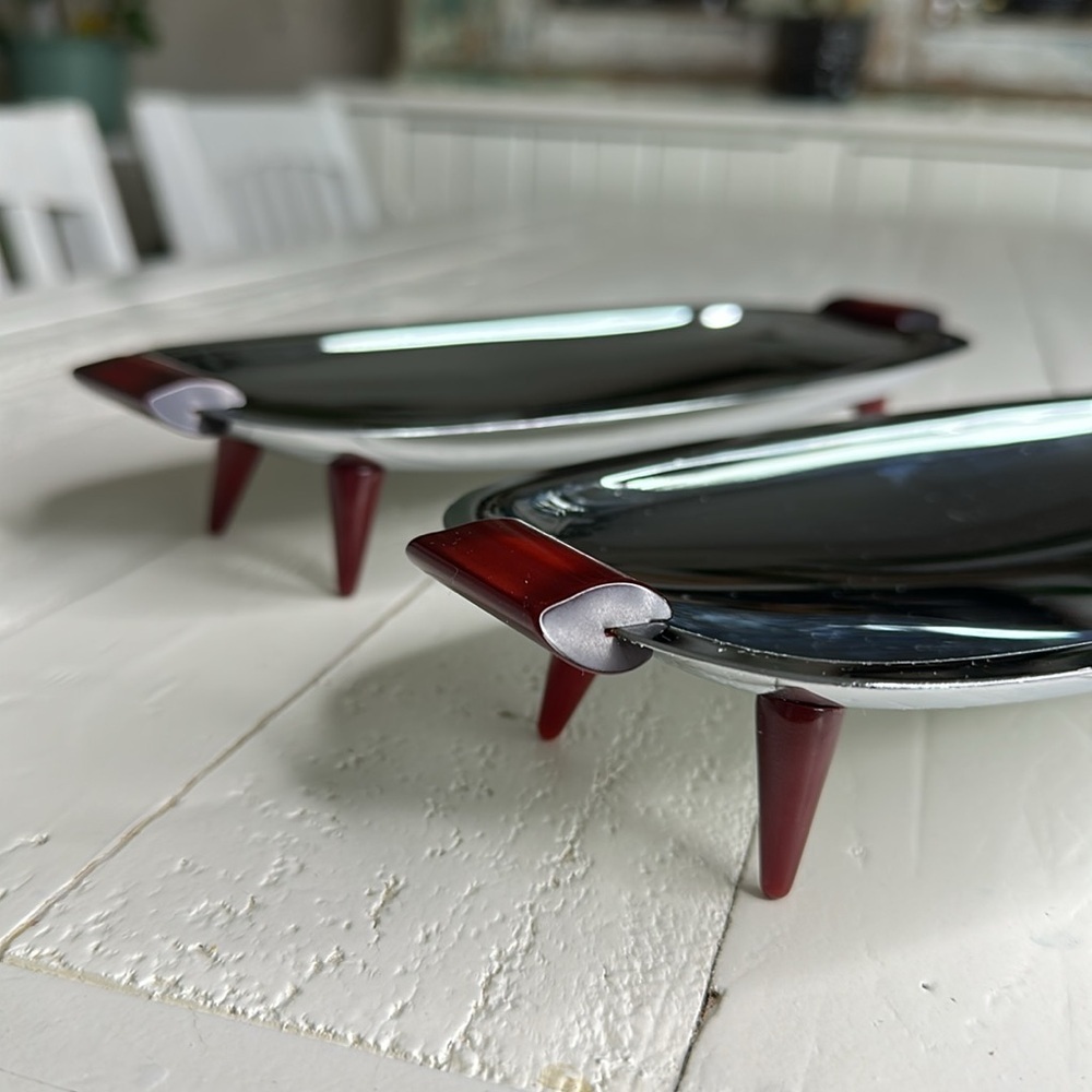 vintage "Gourmates" serving trays made by Glo Hill Canada MCM Chrome/bakelite x2